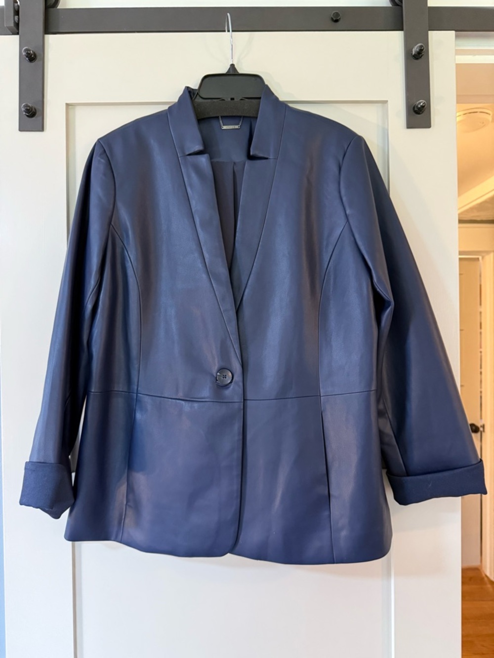 Chico's Deep Navy Faux Leather Single-Button Notched Collar Blazer